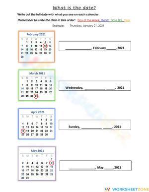 Calendar Date Fill in the Blanks