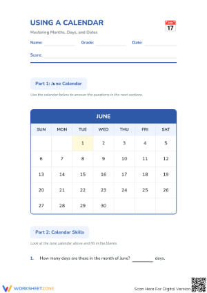 Printable Using a Calendar Worksheet | Grade 2 Math