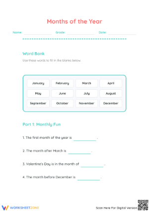 Grade 1 Months of the Year — Printable No-Prep Worksheet