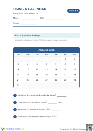 Grade 1 Calendar Skills — Printable No-Prep Worksheet
