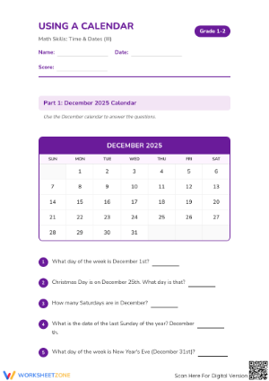 Grade 2 Using a Calendar — Printable No-Prep Worksheet