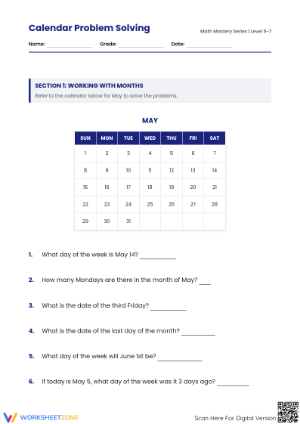 Printable Calendar Problem Solving Worksheet | Grade 5 Math