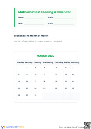 Grade 1 Calendar Skills — Printable No-Prep Worksheet
