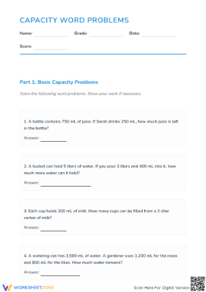 Essential Capacity Word Problems Worksheet | Grade 4 Math