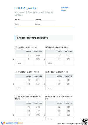 Printable Capacity Worksheet | Grade 4 Math