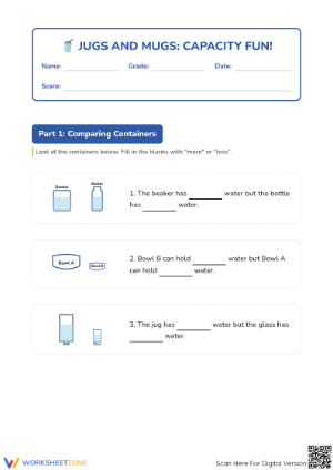 Grade 1 Capacity — Printable No-Prep Worksheet