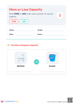 More or Less Capacity Worksheet | Grade K-1 Essential
