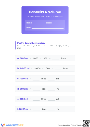 Printable Capacity Conversion Worksheet | Grade 4 Math