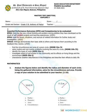 5th Grade Math Review Worksheet