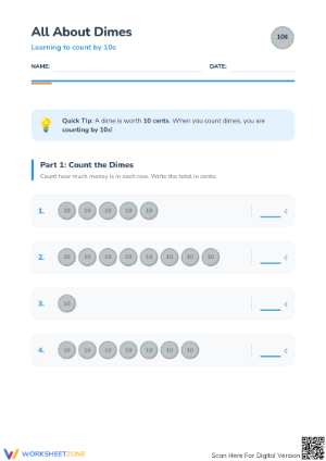Counting Dimes Worksheet | Grade 3 Printable Math