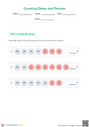 Counting Dimes and Pennies Worksheet | Grade 3 Essential