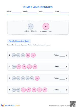 Counting Dimes and Pennies Worksheet | Grade 3 Essential