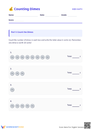 Counting Dimes Essential Worksheet | Grades 3-6 Math