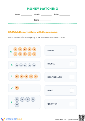 Grade 2 Money Matching — Printable No-Prep Worksheet