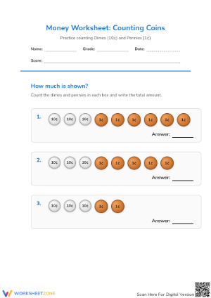 Counting Dimes and Pennies Worksheet | Grade 3 Essential