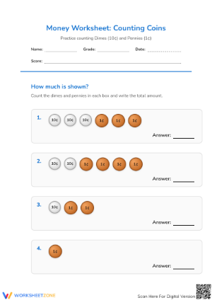 Counting Dimes and Pennies Worksheet | Grade 3-6 Essential