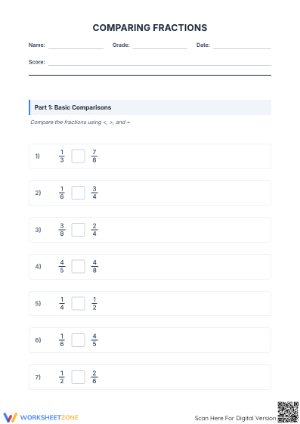 Printable Comparing Fractions Worksheet | Grades 7-9 Math