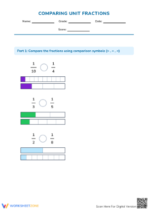 Printable Comparing Unit Fractions Worksheet | Grade 3 Math
