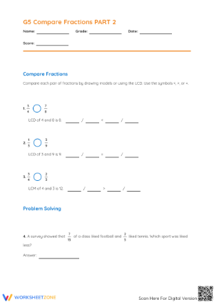 Grade 5 Comparing Fractions — Printable No-Prep Worksheet