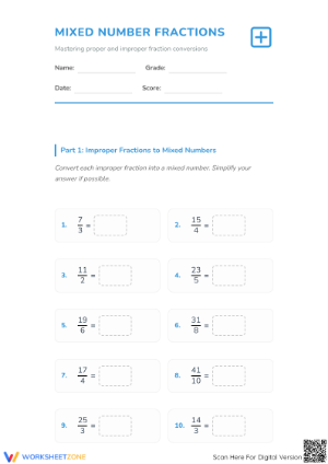 Grade 4 Mixed Number Fractions — Printable No-Prep Worksheet