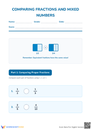 Printable Comparing Mixed Numbers Worksheet | Grade 4 Math