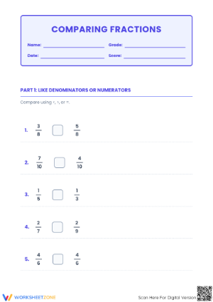 Printable Comparing Fractions Worksheet | Grade 4 Math