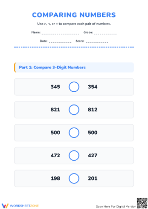 Grade 3 Comparing Numbers — Printable No-Prep Worksheet