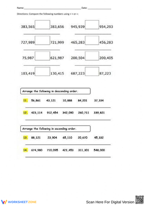 Numbers Comparing and Ordering 