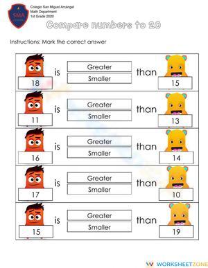 Comparing Numbers to 20 Worksheet