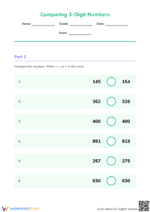 Printable Comparing 3-Digit Numbers Worksheet | Grade 2