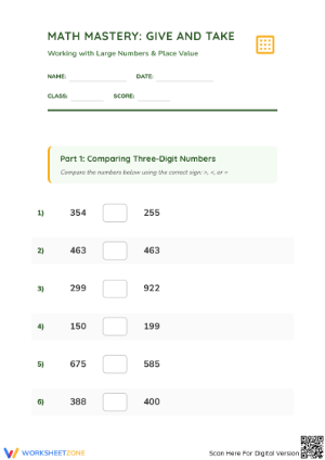 Grade 3 Number Comparison — Printable No-Prep Worksheet