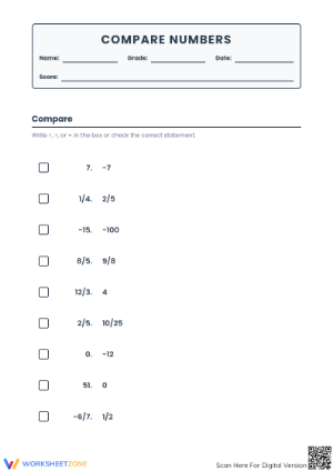 Grade 6 Comparing Integers — Printable No-Prep Worksheet