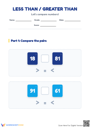 Grade 1 Comparing Numbers — Printable No-Prep Worksheet