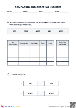Printable Comparing Numbers Worksheet | Grade 4 Math