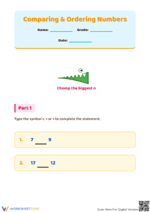 Printable Comparing Numbers to 19 Worksheet | Grade 1