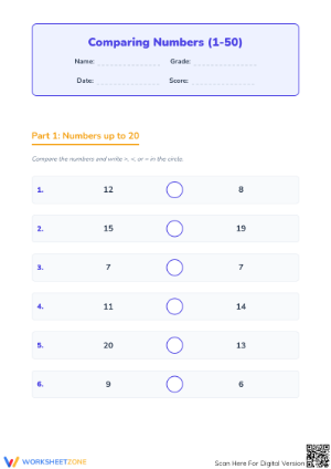 Comparing Numbers Printable Worksheet | Grade 1 Math