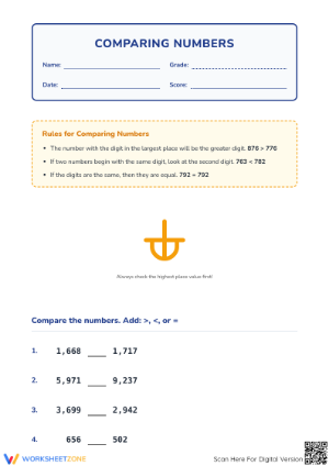 Grade 4 Comparing Numbers — Printable No-Prep Worksheet