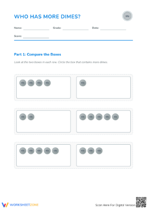 Grade 1-2 Who Has More Dimes — Printable No-Prep Worksheet