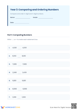 Printable Comparing and Ordering Numbers Worksheet | Grade 4