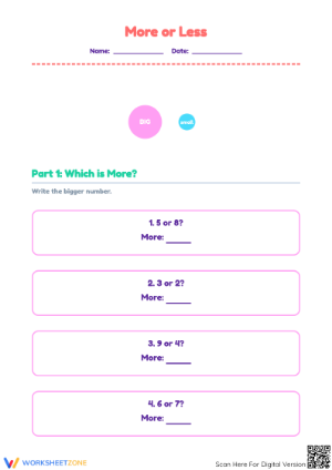 Grade K-1 More or Less Numbers — Printable No-Prep Worksheet