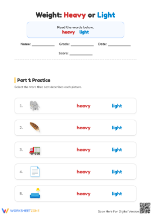Grade 1 Science: Heavy or Light — Printable Worksheet