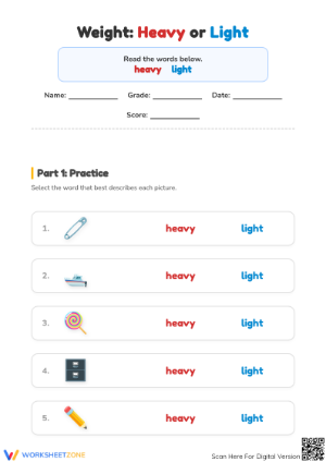 Printable Heavy and Light Weight Comparison Worksheet