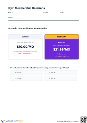 Essential Gym Membership Math: Grade 10-12 Printable