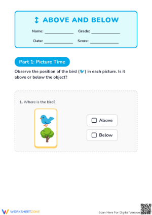 Above and Below — Printable Grade K No-Prep Worksheet