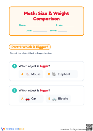 Printable Grade K-1 Math: Insect Size & Weight Sorting