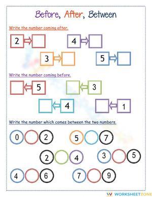Before, After and Between Number Worksheet