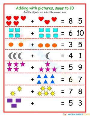 Adding with Pictures to 10 Worksheet