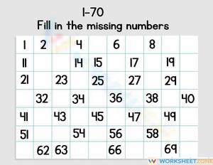 Filling Missing Numbers: From 1-70 Worksheet
