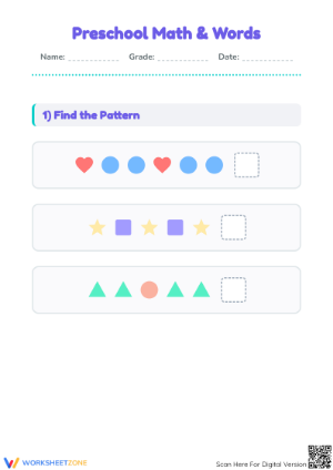 Printable Preschool Math & Words Worksheet | Grade PK