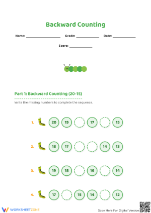 Printable Backward Counting 20-11 Worksheet | Grade K-1